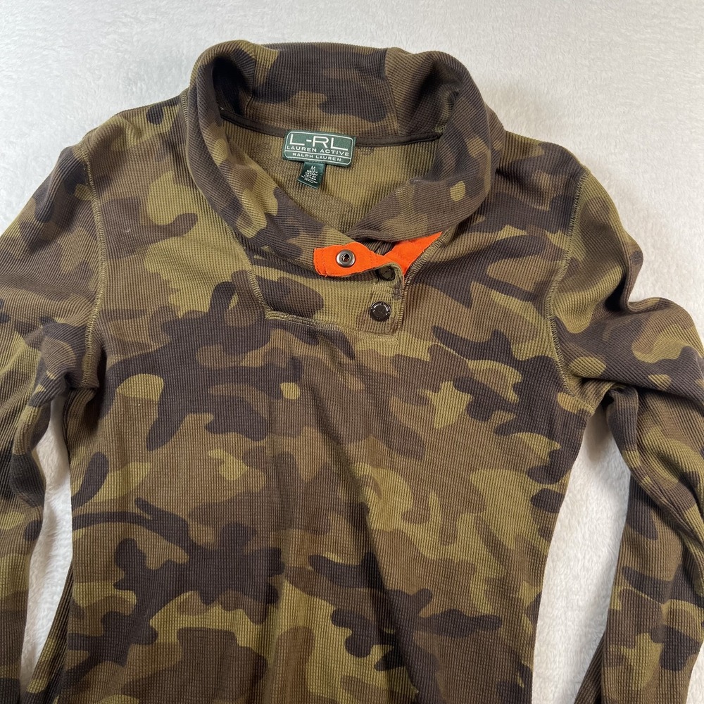 Lauren Ralph Lauren Shirt Womens Medium Green Camo Henley Thermal Long Sleeve